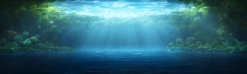 Poster - Underwater scene illuminated by sunlight, creating a serene aquatic atmosphere.