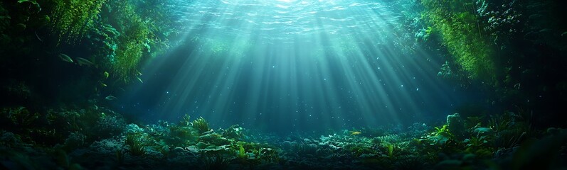 Poster - Underwater scene with sunlight streaming through the water, illuminating fish and marine life.