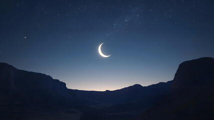 Wall Mural - crescent moon shines brightly in a dark night sky above a silhouetted desert landscape. stars twinkl