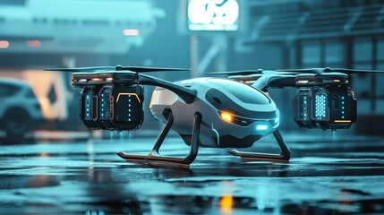 Poster - Futuristic Drone Being Refueled with Hydrogen at Neon Urban Scene