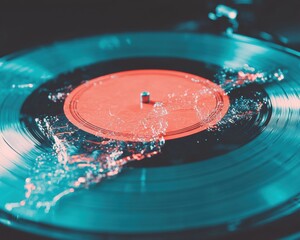 Leinwandbilder - Retro Digital Nostalgia Vintage Vinyl Record Splash in Cyberpunk Teal and Coral - Immersive Music Heritage for Creative Marketing Experiences
