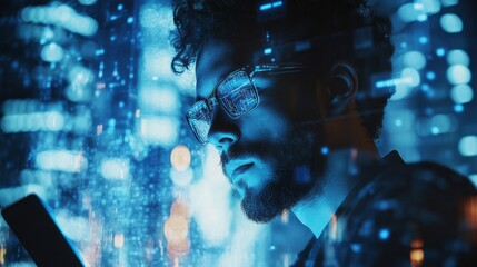 Man wearing glasses is surrounded by glowing futuristic technology