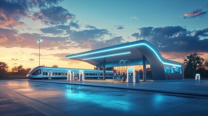 Poster - High-Speed Bullet Train Refueling at an Advanced Station at Dusk
