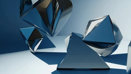 Poster - Abstract 3D Chrome Diamond Shapes Floating in Blue Gradient Studio. Modern Geometric Composition, 4K 60.