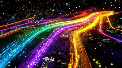 Poster - Vibrant Neon Data Stream Flowing Through Futuristic Landscape