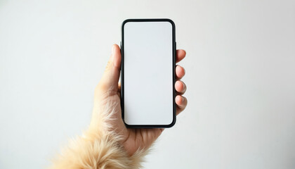 Poster - Dog paw holding modern smartphone with blank screen, isolated white background. Funny animal shows mobile phone, mock up, creative idea, app, display, touch screen, technology.