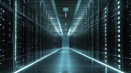 Poster - Vast Warehouse Center Filled with Data Storage Racks and Lights