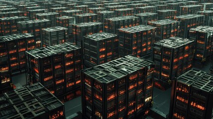 Poster - Endless Warehouse Filled with Data Centers in Futuristic Environment