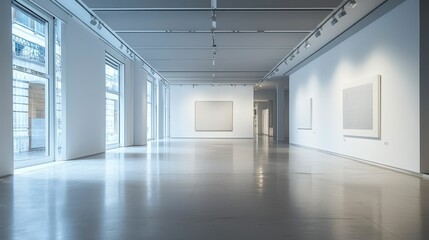 Poster - Vast Empty Gallery with Modern Abstract Art and Bright Lighting