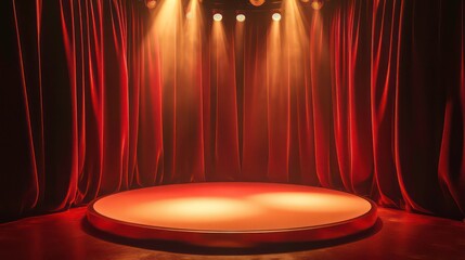 Poster - Red velvet stage curtains frame a brightly lit circular platform, perfect for showcasing products, performances or announcements.