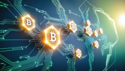 Poster - Circuit board with glowing bitcoin symbols illustrating decentralized finance and blockchain technology