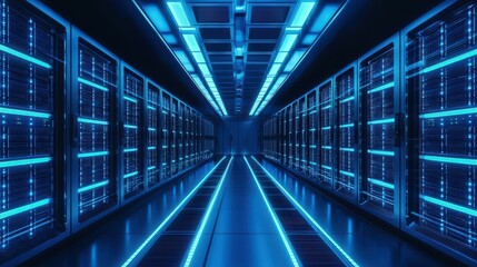 Poster - High-Tech Data Server Room Illuminated with Blue LED Lights