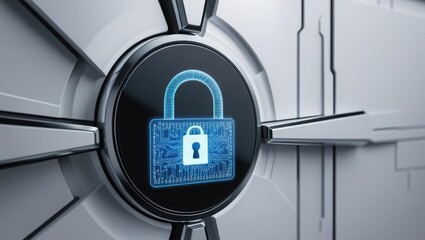 Poster - padlock on computer symbolizing next-gen cybersecurity defense system with holographic lock design