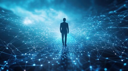 Digital Journey: A Man Walking Towards a Futuristic Network