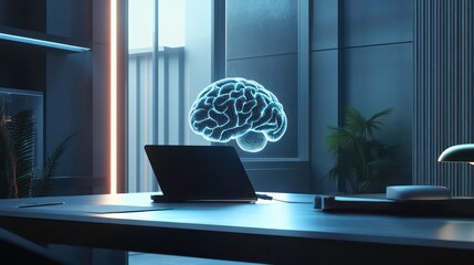Poster - Futuristic digital brain design displayed on a laptop in a modern workspace
