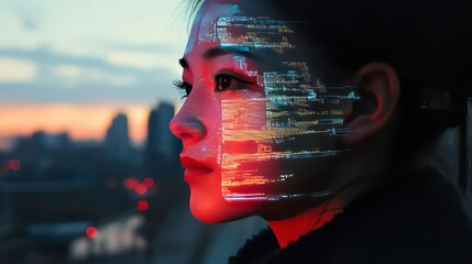 Poster - Woman with digital face projection surrounded by modern technology at dusk. Photo reflects futuristic technologies, the future of artificial intelligence