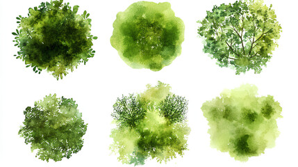 green grass isolated on white background, set of watercolor tree top view for landscape plan and arc
