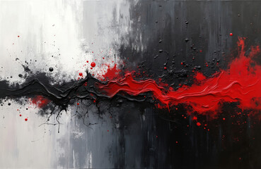 Poster - Abstract oil painting with black, white, red colors. Dynamic, textured surface. Artistic modern design. Brushstrokes, splatters, canvas. Mixed media artwork. Banner, background for artistic designs.