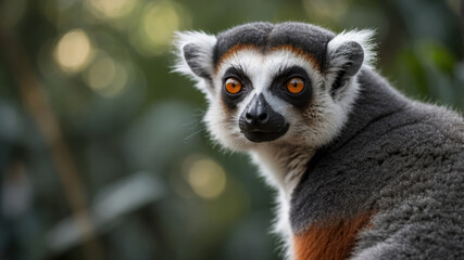 close-up of a lemur with bright orange eyes and soft fur. blurred green foliage background. perfect 
