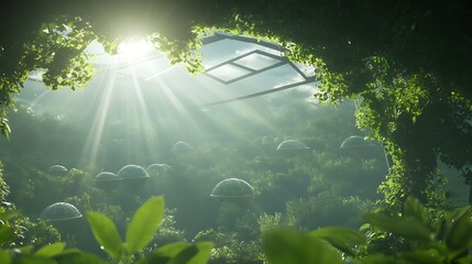 Aufkleber - Lush greenery illuminated by sunlight, creating a serene and enchanting atmosphere.
