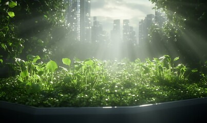 Poster - Urban garden with sunlight filtering through plants amidst a cityscape.