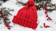 © ArmStrong☠ - Santa Claus' festive red hat lies in the snow with Christmas tree branches and bright red berries