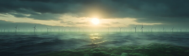 Poster - A serene seascape with wind turbines silhouetted against a moody sky at sunset.
