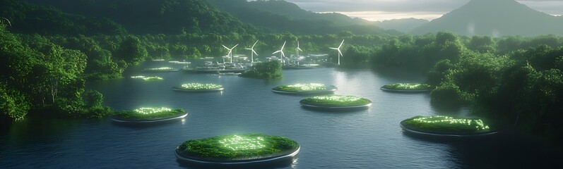 Poster - Serene landscape featuring floating green islands on a tranquil body of water surrounded by mountains.