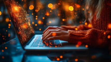 Woman types on laptop screen displaying glowing binary code