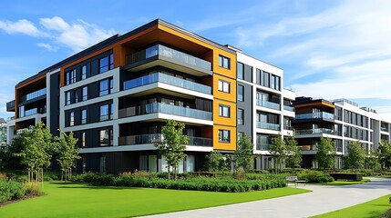 Aufkleber - Modern residential apartment building with glass balconies and landscaped gardens in sunny weather : Generative AI