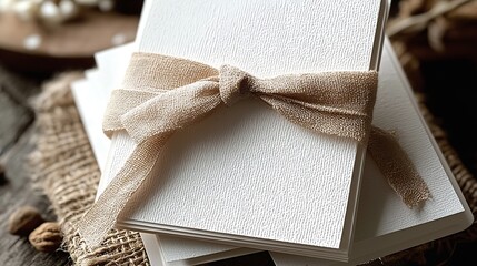 Poster - A Beautifully Crafted Set of Blank Cards Tied with a Rustic Bow Set on Rustic Surface : Generative AI