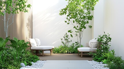 Aufkleber - Elegant minimalist outdoor garden space with two sun loungers surrounded by lush greenery and sunlight : Generative AI