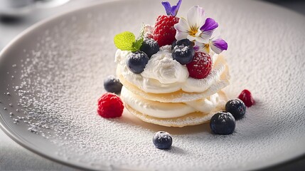 Poster - Exquisite dessert of layered cream with berries and vibrant edible flowers arranged on a fine plate : Generative AI