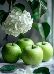 Aufkleber - Four Fresh Green Apples Surrounded by Delicate White Hydrangea Blossoms : Generative AI
