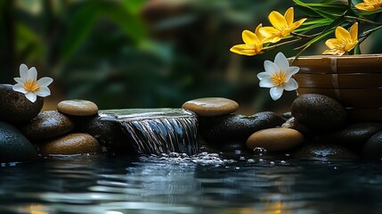 Poster - Peaceful garden scene with a gentle waterfall and vibrant flowers for relaxation and meditation : Generative AI