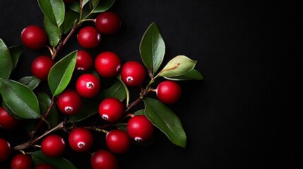 Poster - Vibrant Red Berries on Lush Green Leaves Captured on a Dark Background for an Elegant Nature Shot : Generative AI