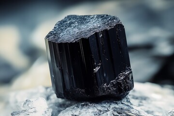 Aufkleber - Unique black tourmaline crystal stone with natural rugged texture and sharp edges on display : Generative AI