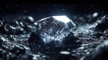Fototapete - Stunning Close-Up of a Gleaming Crystal Diamond on a Dark Surface : Generative AI