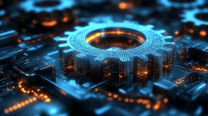 Fototapete - Futuristic glowing gears and digital circuits depicting advanced technology in a blue and orange color scheme : Generative AI