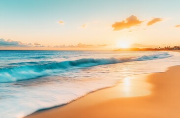 Poster - Serene beach landscape at sunset with gentle waves and warm golden hues reflecting on the water : Generative AI