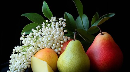 Aufkleber - Fresh assortment of colorful pears and white flowers arranged elegantly on a dark background : Generative AI