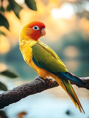 Poster - Vibrant Colorful Parrot Sitting on a Branch in Soft Golden Light : Generative AI