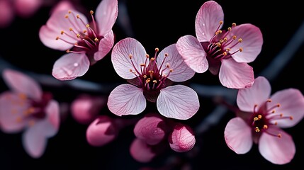 Aufkleber - Beautiful Close-up of Delicate Pink Cherry Blossom Flowers on Dark Background in Spring : Generative AI