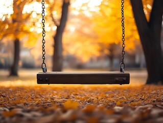 Poster - Serene wooden swing under golden autumn leaves in a tranquil park setting : Generative AI