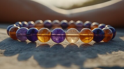 Poster - Beautiful Amber and Amethyst Beaded Bracelet Glimmering in Natural Light Outdoors : Generative AI