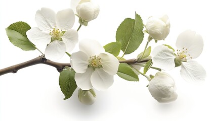Poster - Delicate White Apple Blossom Branch with Fresh Green Leaves Captured on a Bright Background : Generative AI