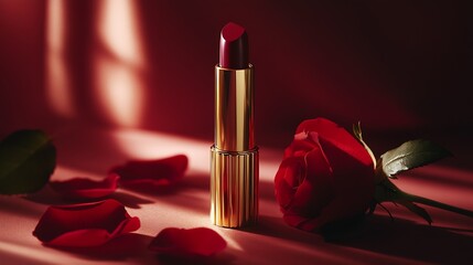 Poster - Stunning lipstick and rose composition with dramatic lighting and elegance under soft shadows : Generative AI