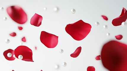 Poster - Elegant floating red rose petals and pearls creating romantic atmosphere on white background : Generative AI