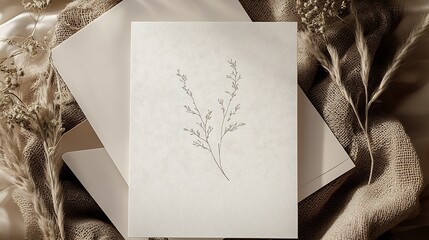 Poster - Elegant floral illustration on a textured card layed on natural materials for aesthetic appeal : Generative AI