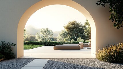 Poster - Serene patio area with modern seating arrangements and lush surroundings framed by a beautiful arch : Generative AI